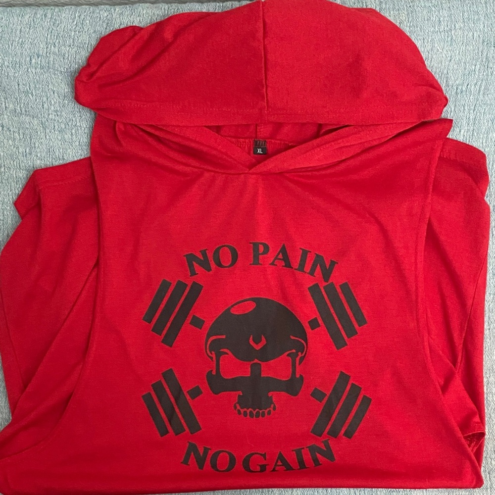 No Pain No Gain Sleeveless Hoodie Tank | Red Skull Graphic Gym Top XL